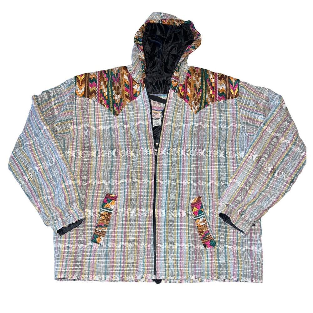 IXCHEL Southwestern / Plaid Embroidered Hooded Jacket Medium Boho‎